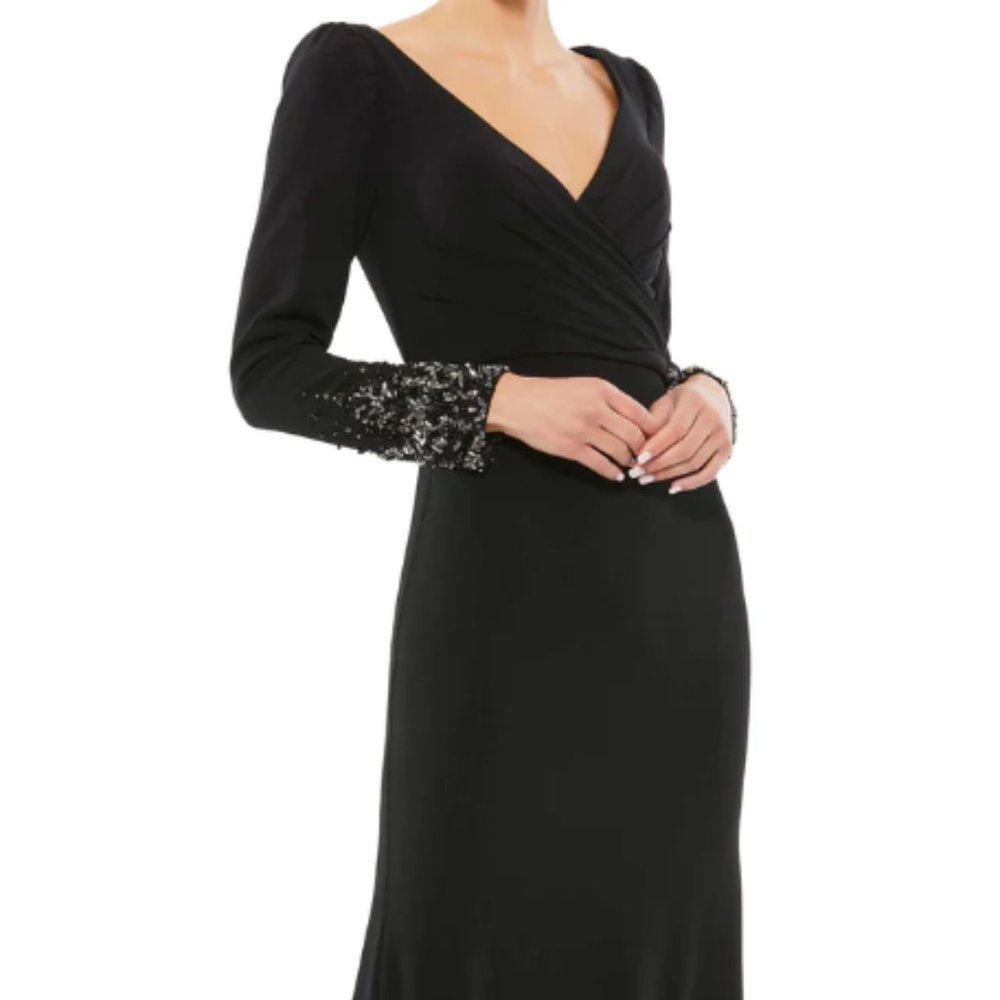 MAC DUGGAL 55712 BEADED CUFFS LONG SLEEVE WRAP OVER TRUMPET BLACK GOWN sz 12